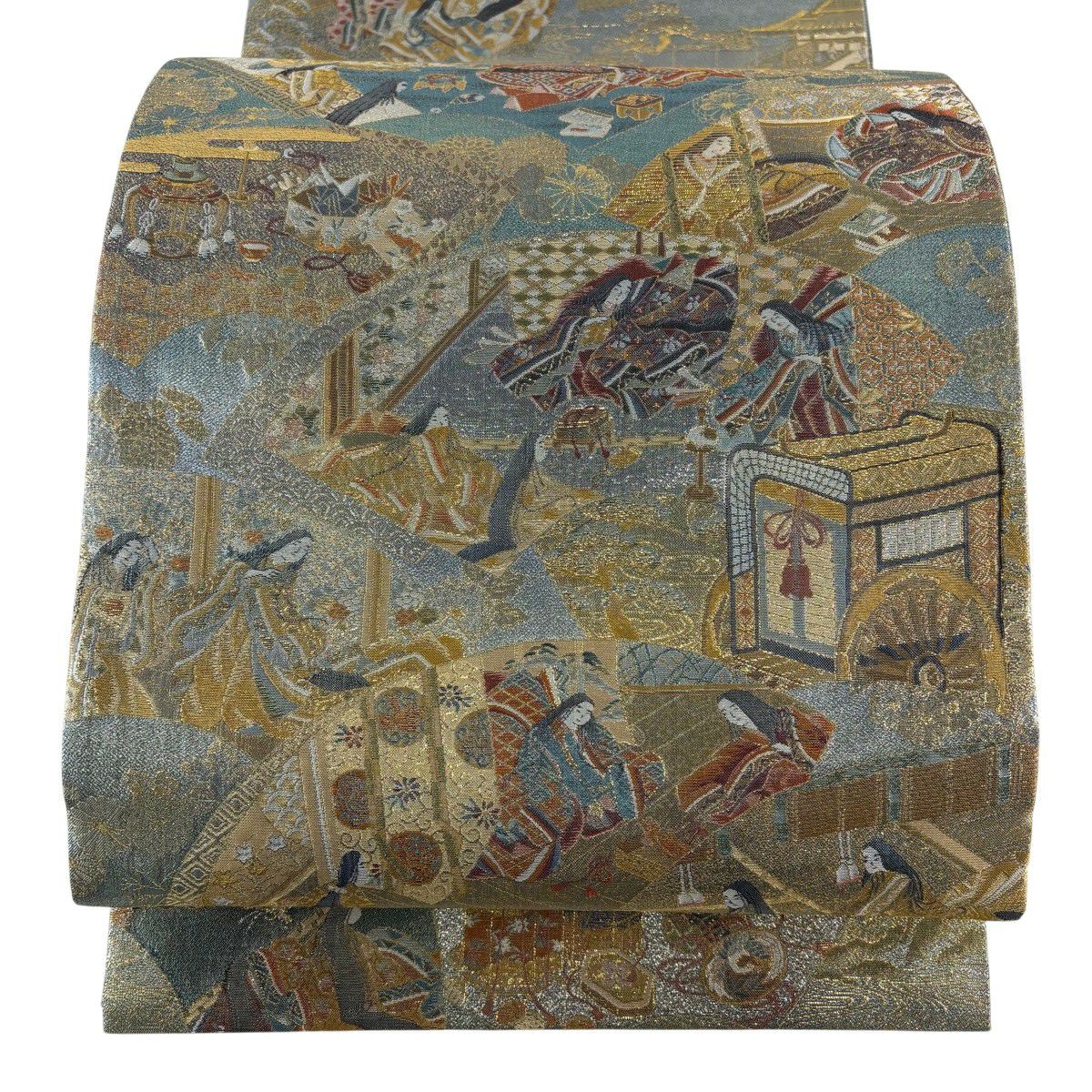 【美品】 袋帶 名品級 扇子面 姫 金絲 金金箔 灰綠 お太鼓圖案 純蠶絲
