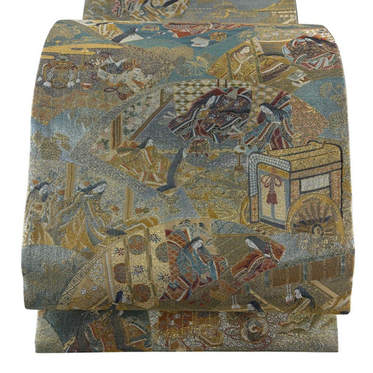 【美品】 袋帶 名品級 扇子面 姫 金絲 金金箔 灰綠 お太鼓圖案 純蠶絲