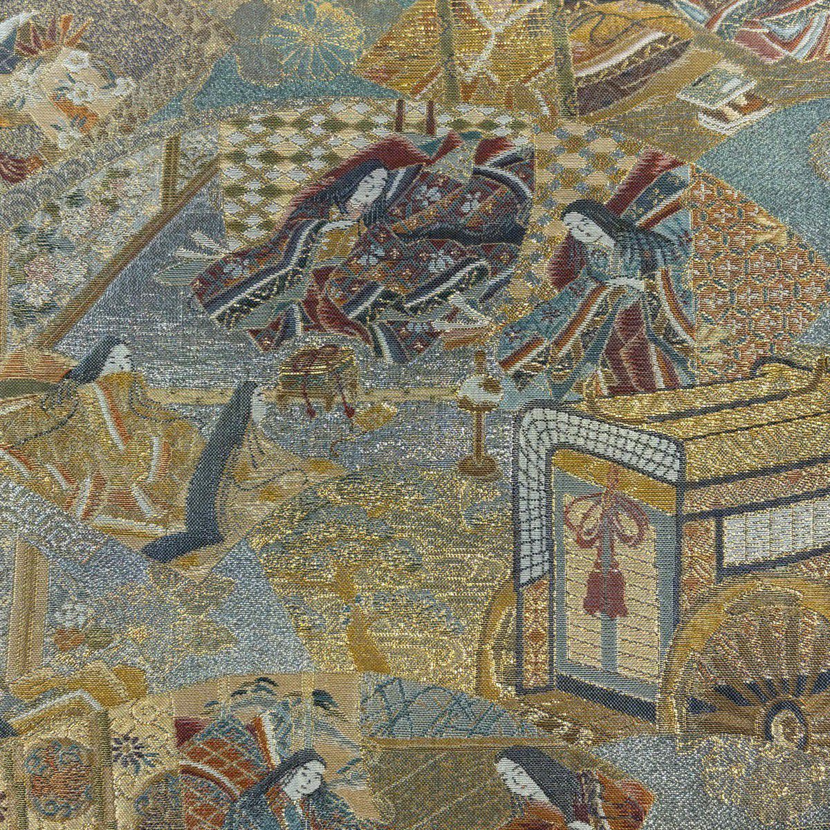 【美品】 袋帶 名品級 扇子面 姫 金絲 金金箔 灰綠 お太鼓圖案 純蠶絲