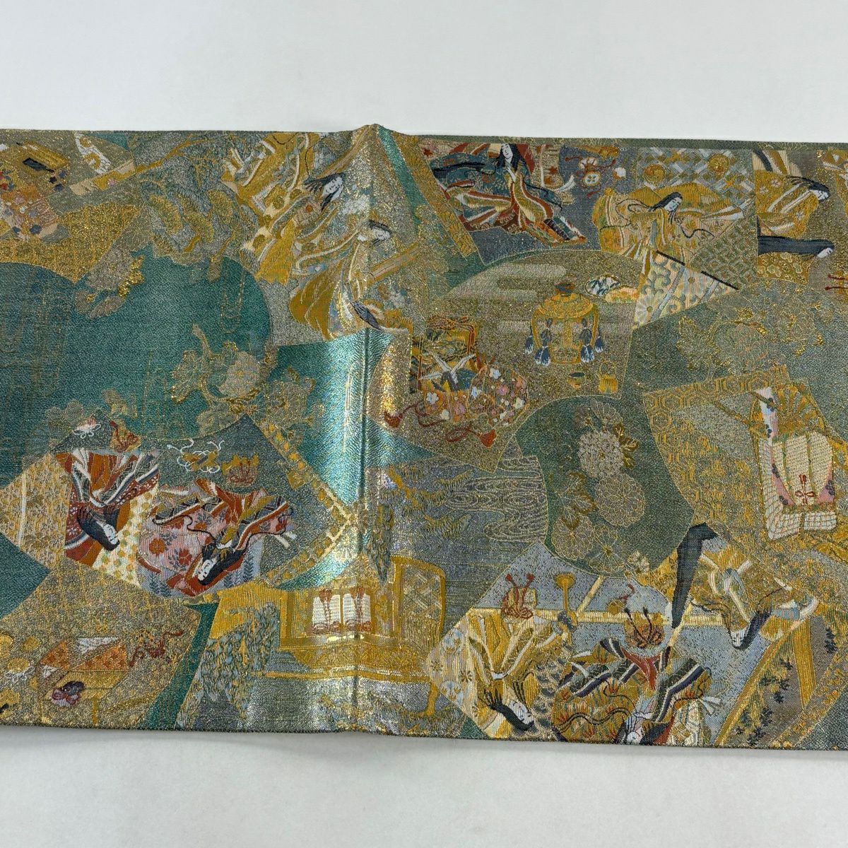 【美品】 袋帶 名品級 扇子面 姫 金絲 金金箔 灰綠 お太鼓圖案 純蠶絲