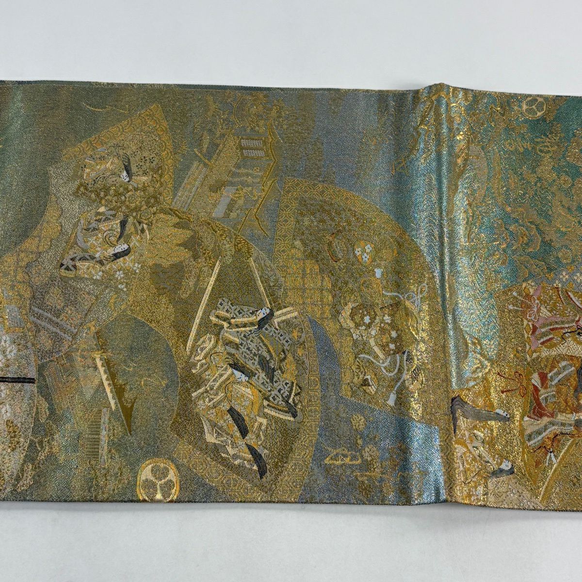 【美品】 袋帶 名品級 扇子面 姫 金絲 金金箔 灰綠 お太鼓圖案 純蠶絲