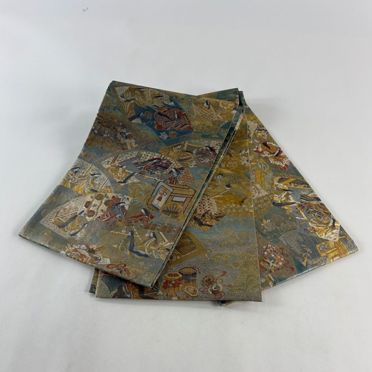 【美品】 袋帶 名品級 扇子面 姫 金絲 金金箔 灰綠 お太鼓圖案 純蠶絲
