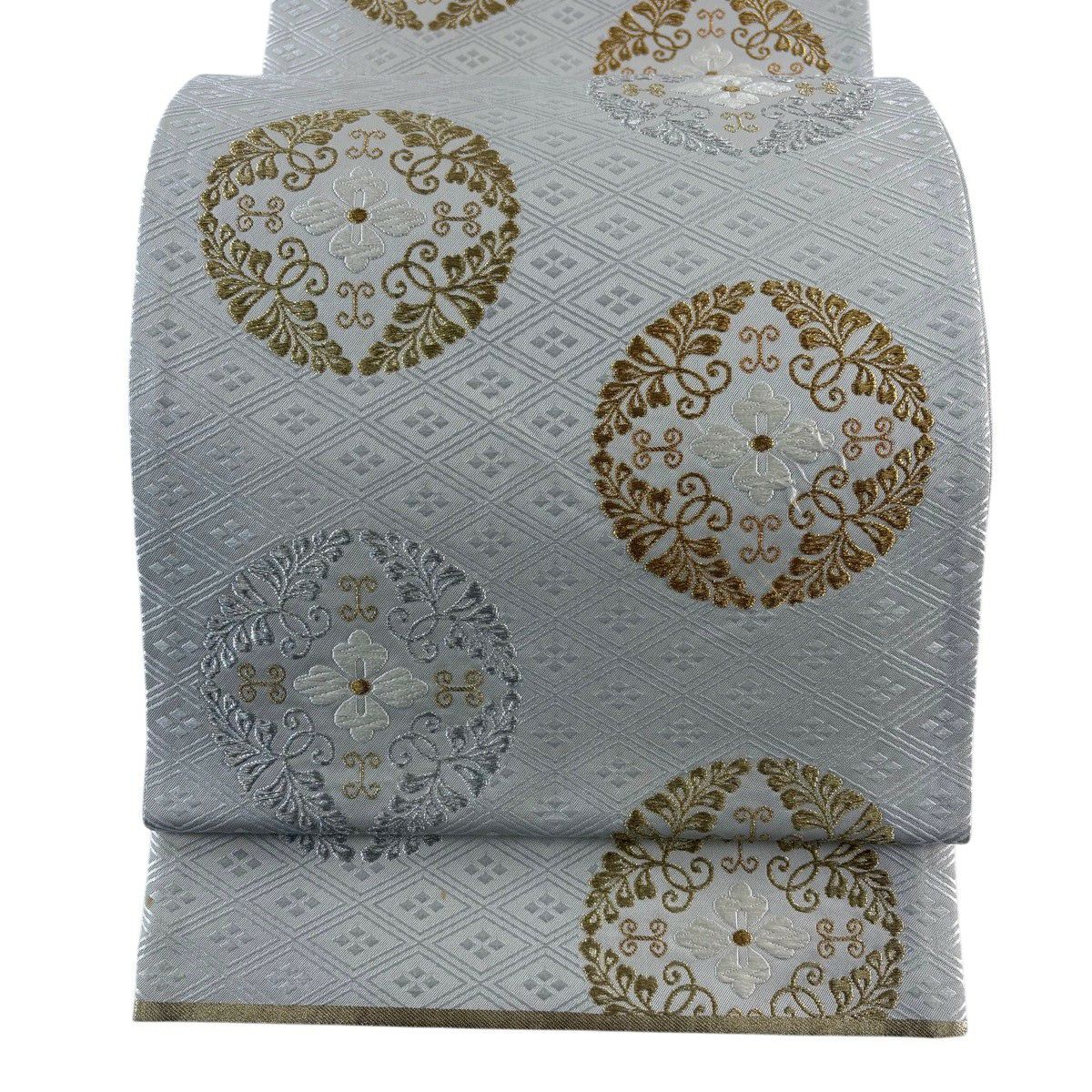 袋帶 名品級 八ツ藤紋 菱 金銀線 刺繡 灰 深藍 六通 純蠶絲