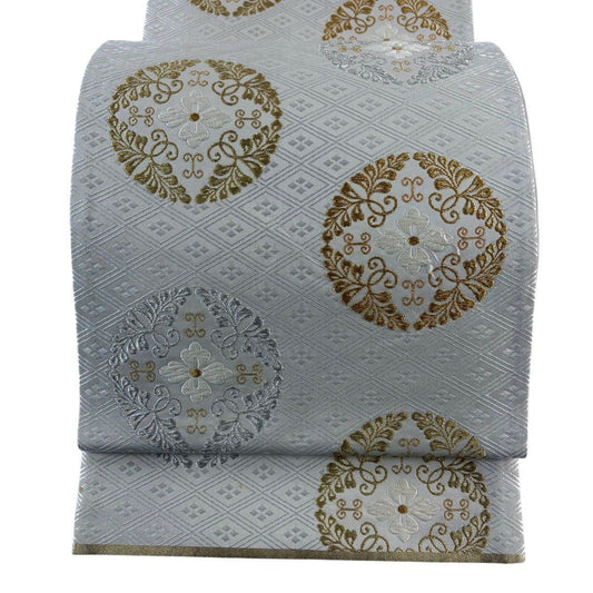 袋帶 名品級 八ツ藤紋 菱 金銀線 刺繡 灰 深藍 六通 純蠶絲