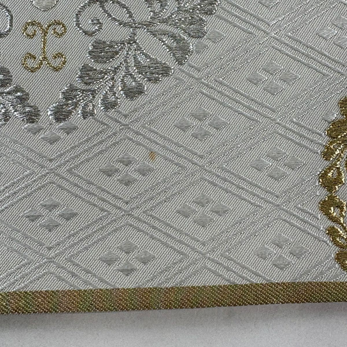 袋帶 名品級 八ツ藤紋 菱 金銀線 刺繡 灰 深藍 六通 純蠶絲