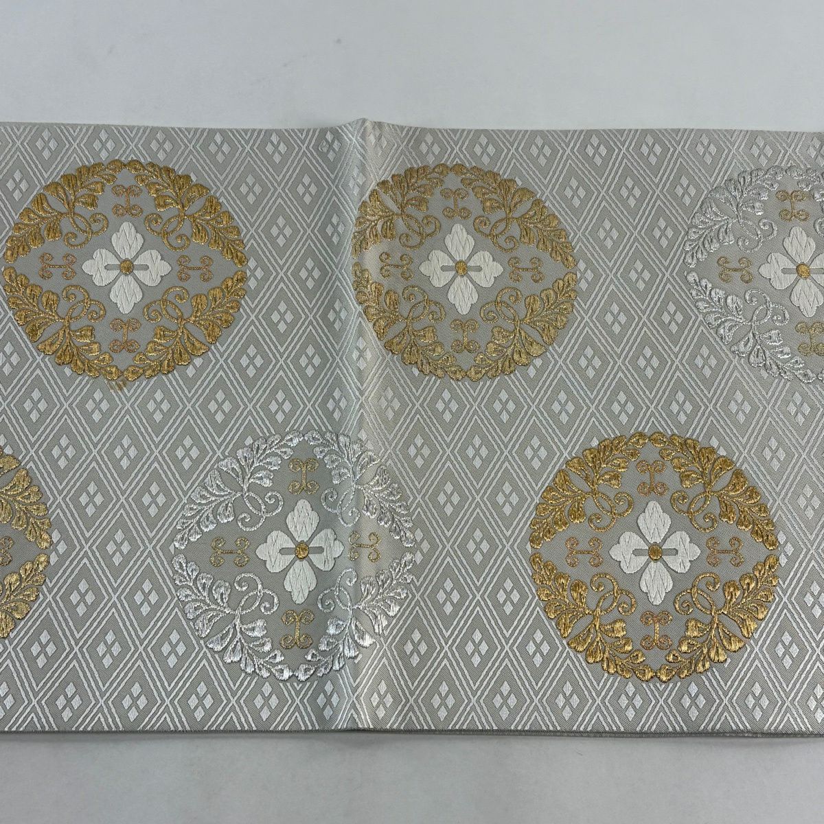 袋帶 名品級 八ツ藤紋 菱 金銀線 刺繡 灰 深藍 六通 純蠶絲