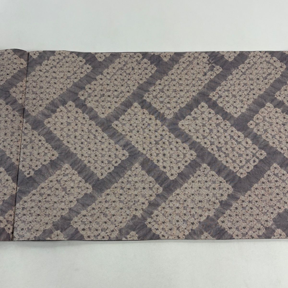 【美品】 袋帶 名品級 證書齊全 大島紬織地 幾何學圖案 灰紫色 お太鼓圖案 純蠶絲