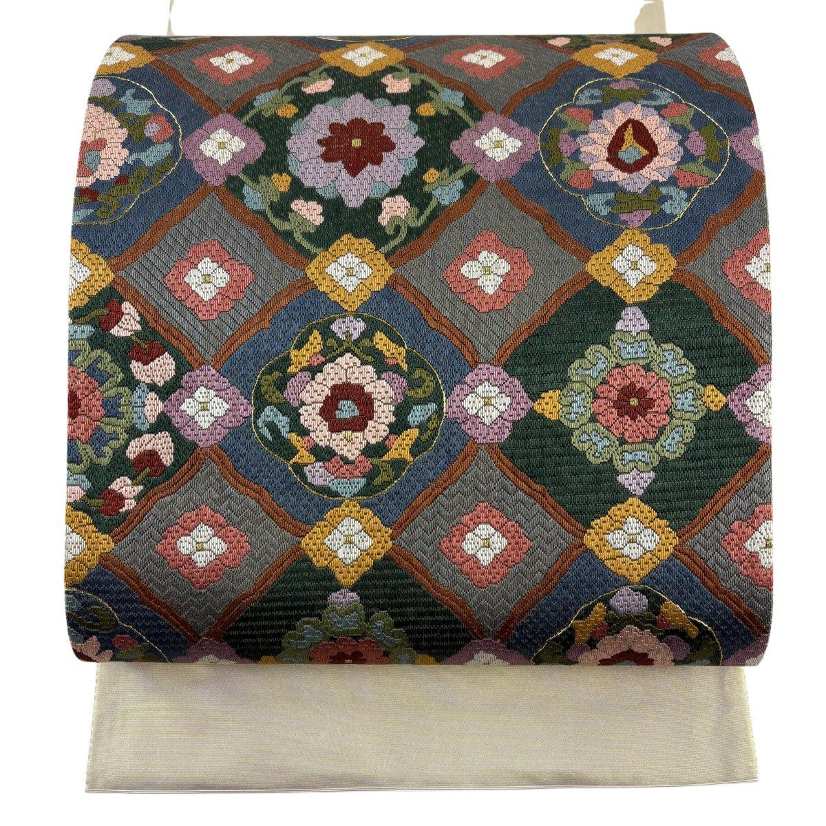 袋帶 名品級 關西仕立 華紋 金絲 刺繡 青灰 深藍色 正蠶絲