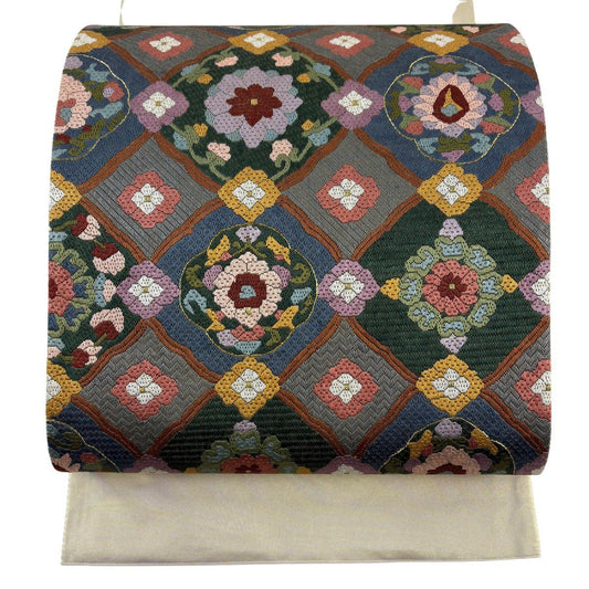 袋帶 名品級 關西仕立 華紋 金絲 刺繡 青灰 深藍色 正蠶絲