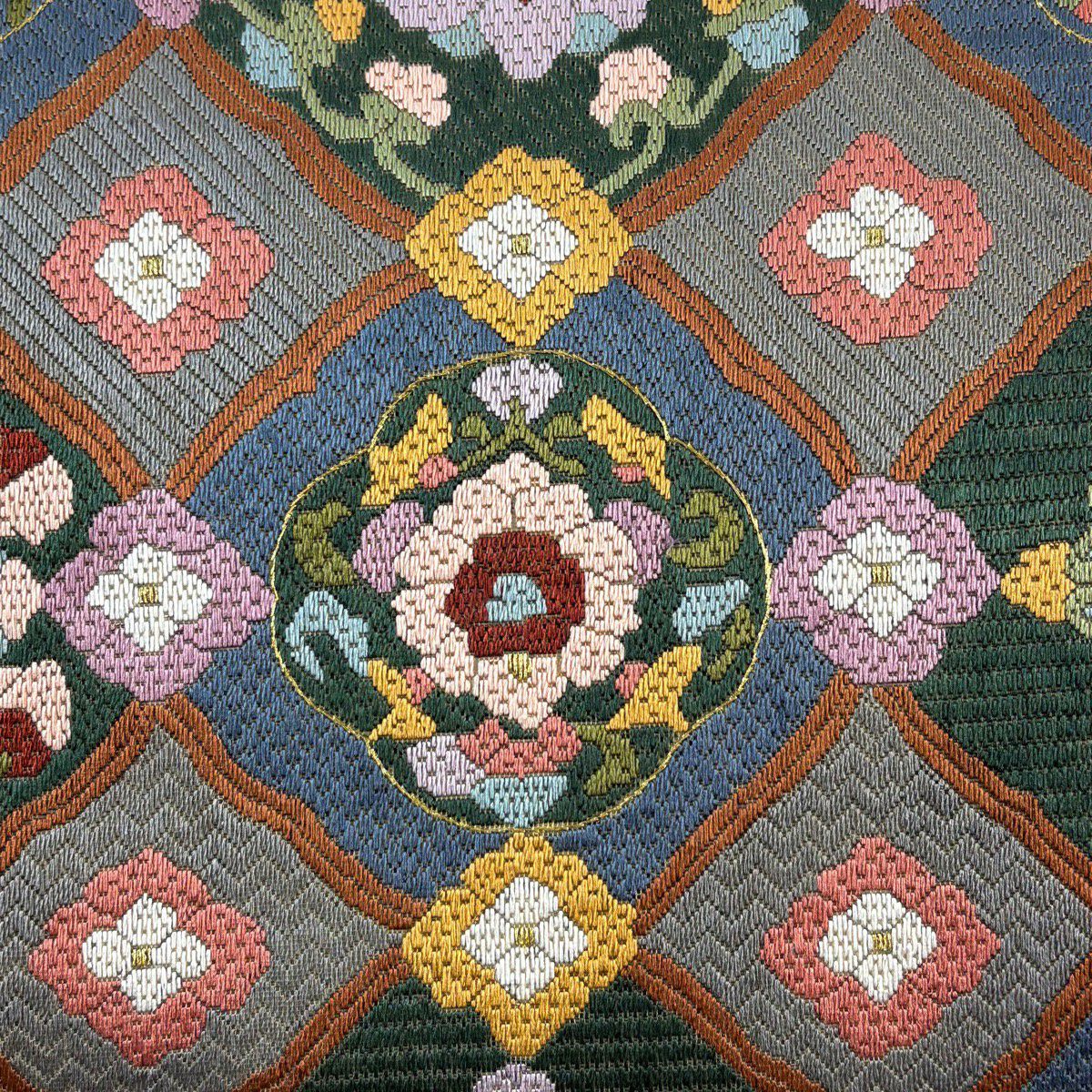 袋帶 名品級 關西仕立 華紋 金絲 刺繡 青灰 深藍色 正蠶絲