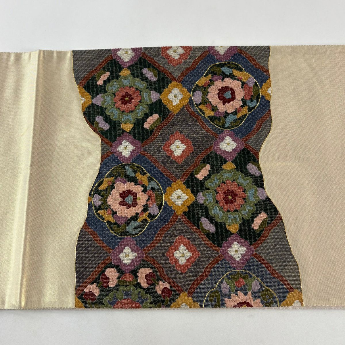 袋帶 名品級 關西仕立 華紋 金絲 刺繡 青灰 深藍色 正蠶絲