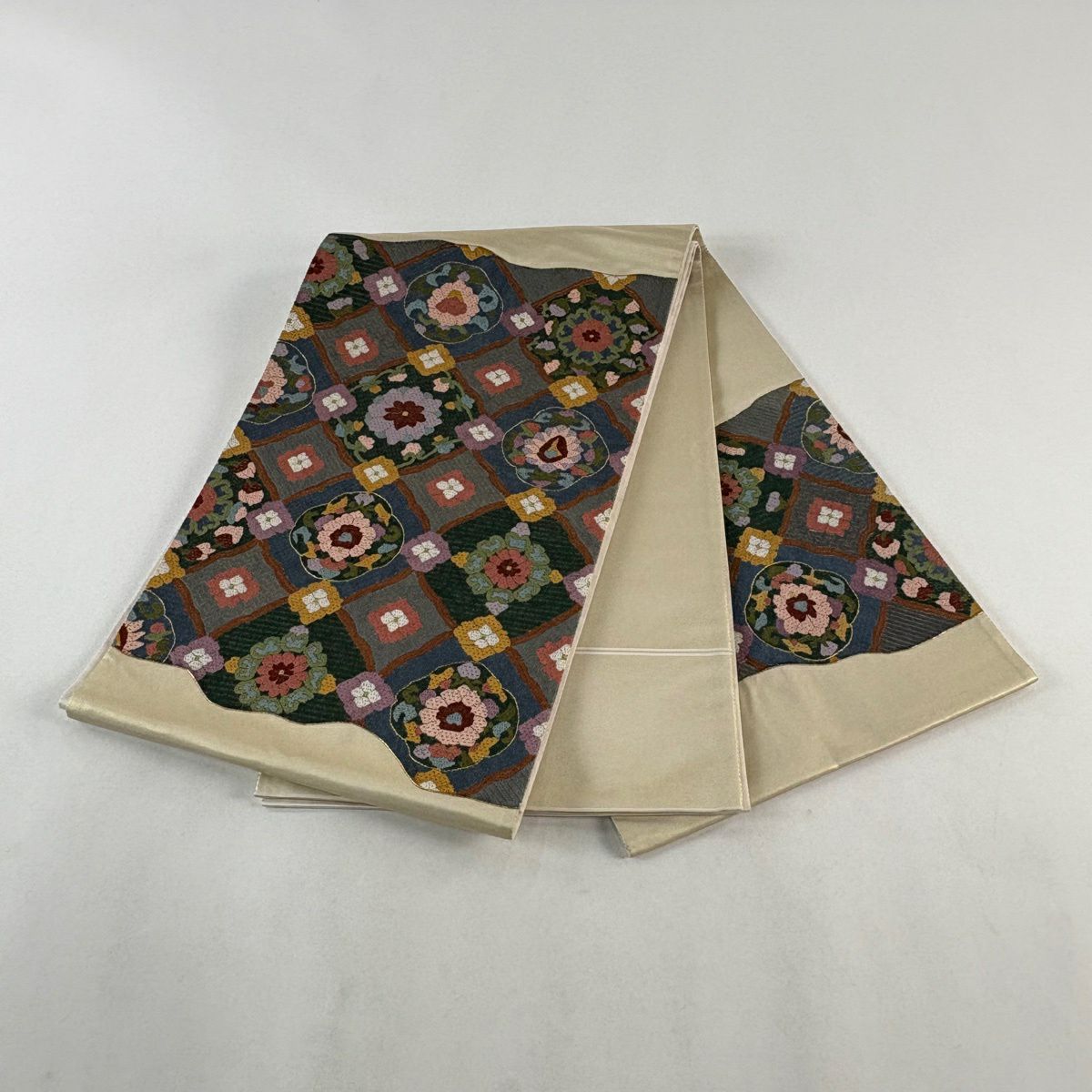 袋帶 名品級 關西仕立 華紋 金絲 刺繡 青灰 深藍色 正蠶絲