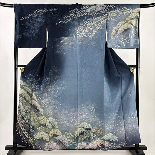 訪問服 身長160cm 袖長69cm L 雙層 吉乃一廉 落款あり 辻花染櫻 銀通 金銀彩 深藍 純蠶絲 逸品級