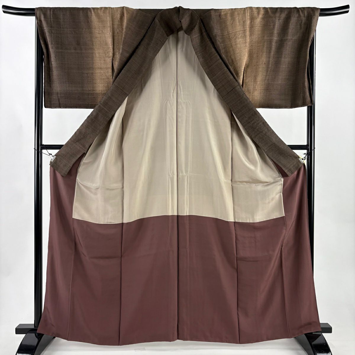 【美品】小紋 身長165cm 袖長68cm L 雙層 紬織織 野蠶絲 大和 證書齊全 縱向漸變 焦茶 純蠶絲 逸品級