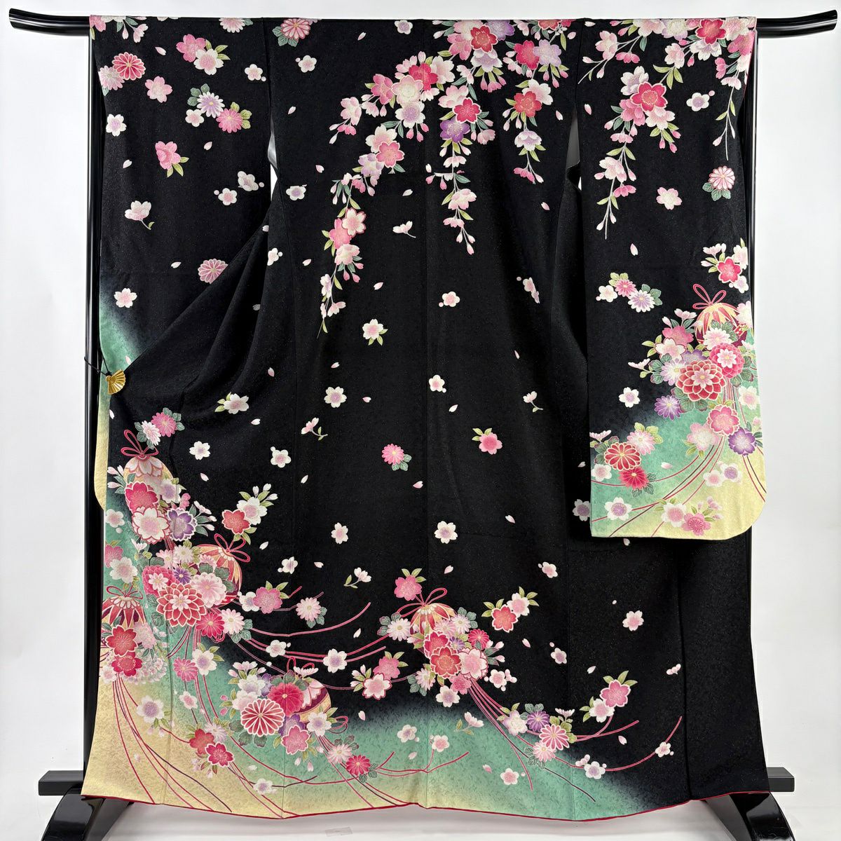 【美品】振袖禮服 身長165.5cm 袖長66cm M 雙層 藥玉 櫻花 金通し 金銀彩 黑 純蠶絲 逸品級