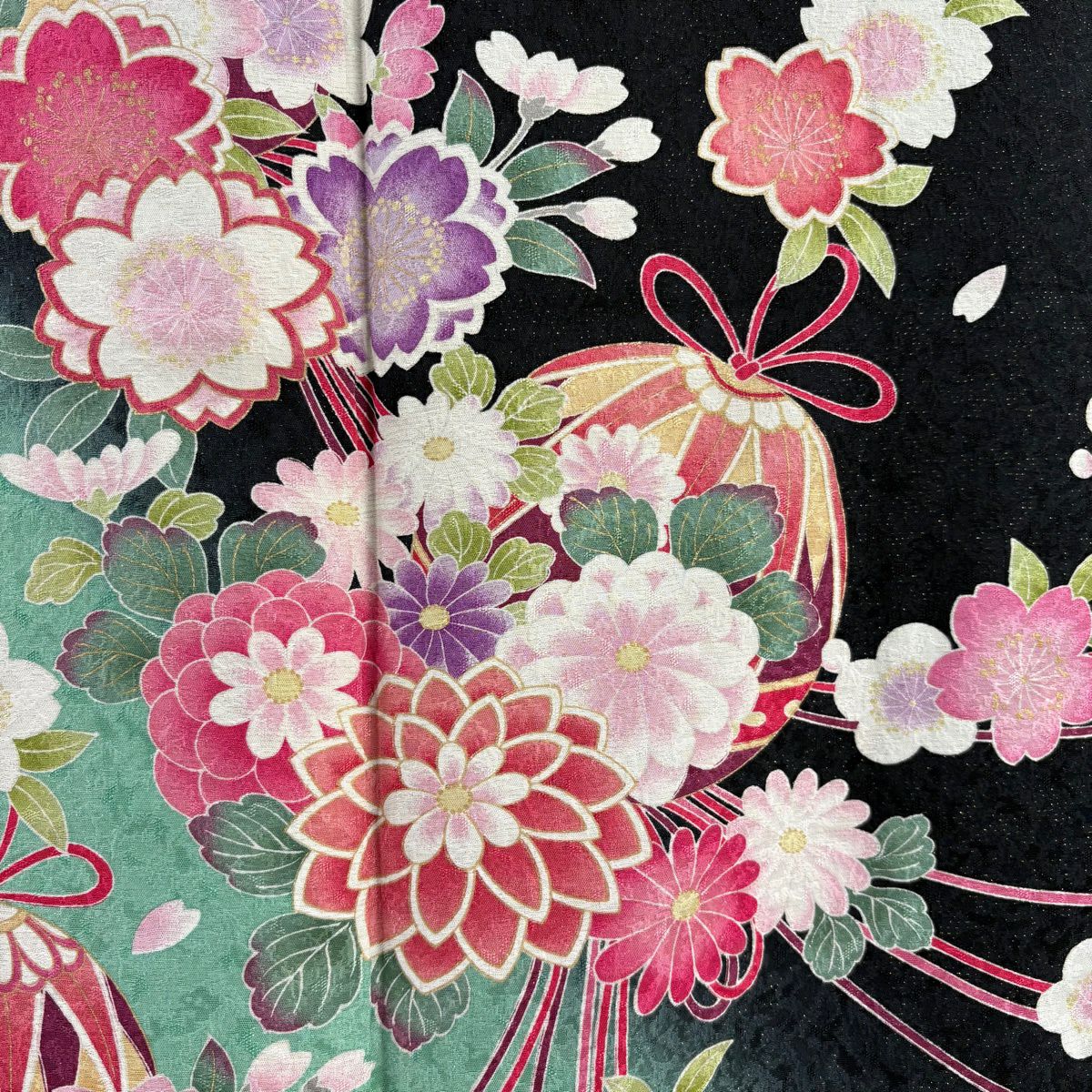 【美品】振袖禮服 身長165.5cm 袖長66cm M 雙層 藥玉 櫻花 金通し 金銀彩 黑 純蠶絲 逸品級