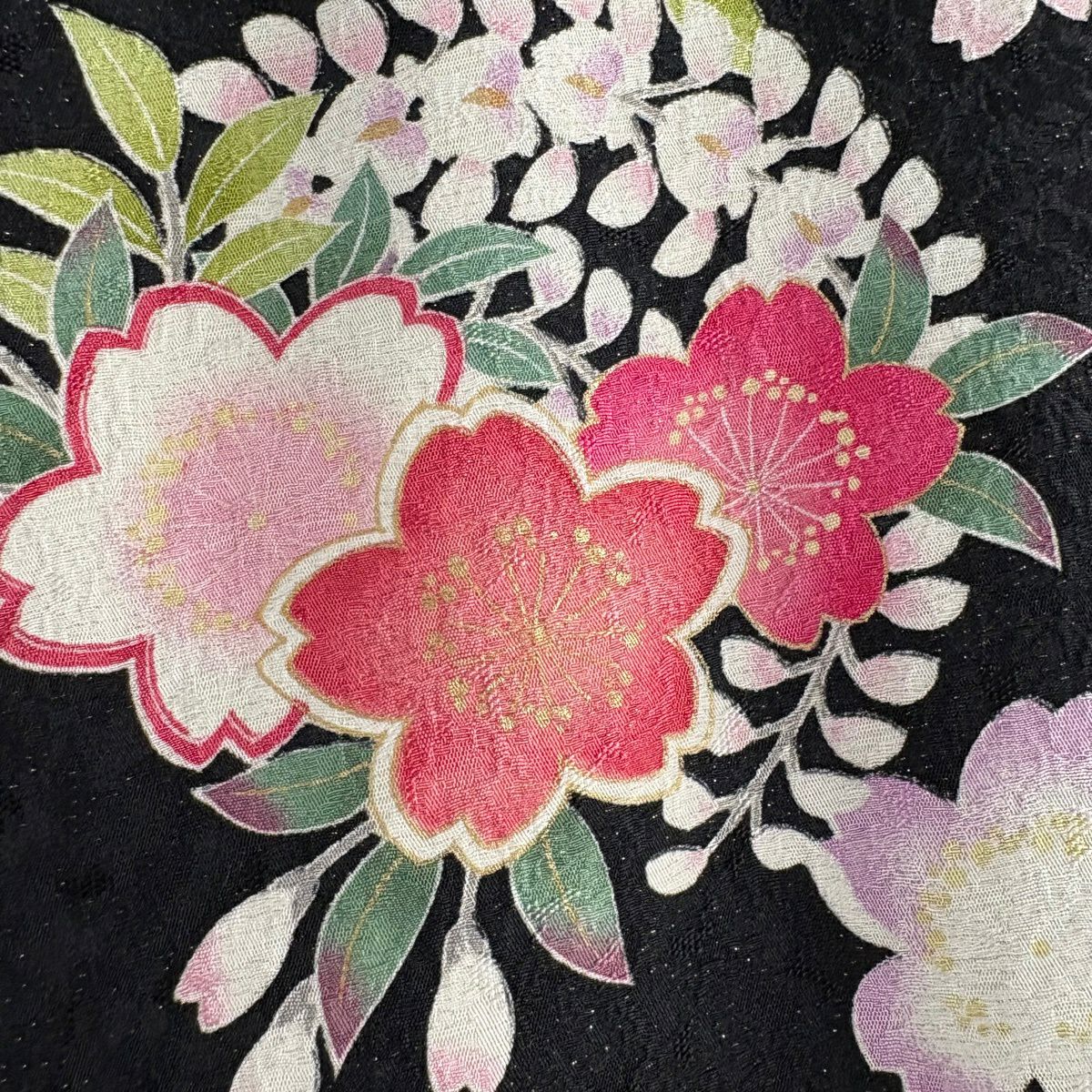 【美品】振袖禮服 身長165.5cm 袖長66cm M 雙層 藥玉 櫻花 金通し 金銀彩 黑 純蠶絲 逸品級