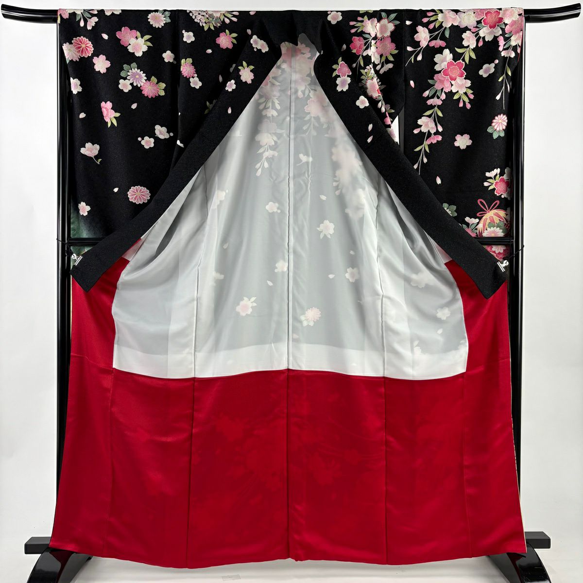 【美品】振袖禮服 身長165.5cm 袖長66cm M 雙層 藥玉 櫻花 金通し 金銀彩 黑 純蠶絲 逸品級