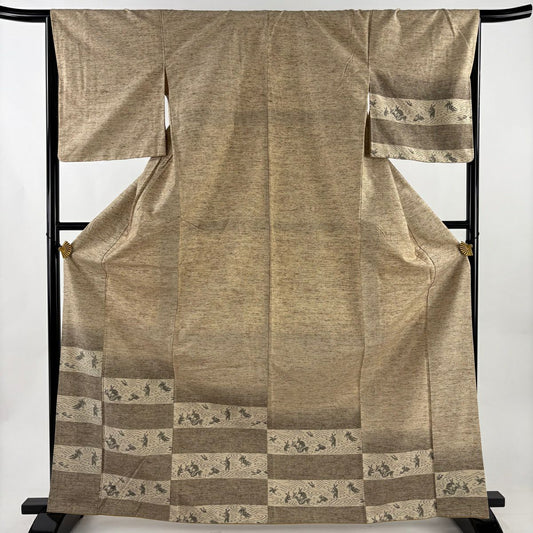 【美品】 付下 身長166cm 袖長64.5cm M 雙層 蕨紬織織 根津儀一 兔子 流水 淺茶 純蠶絲 逸品級