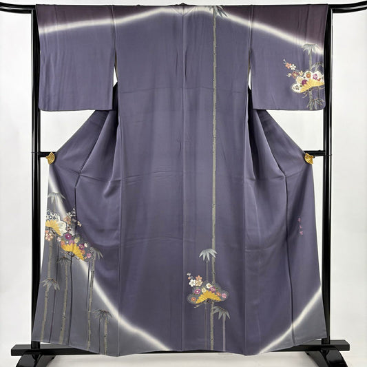 付下 身長158cm 袖長65.5cm M 雙層 帝王紫 落款 松樹竹子梅花 菊花 刺繡 金彩裝飾 灰紫 純蠶絲 逸品級