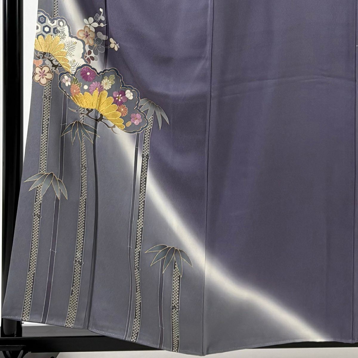付下 身長158cm 袖長65.5cm M 雙層 帝王紫 落款 松樹竹子梅花 菊花 刺繡 金彩裝飾 灰紫 純蠶絲 逸品級