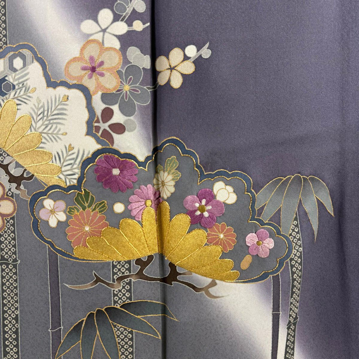 付下 身長158cm 袖長65.5cm M 雙層 帝王紫 落款 松樹竹子梅花 菊花 刺繡 金彩裝飾 灰紫 純蠶絲 逸品級