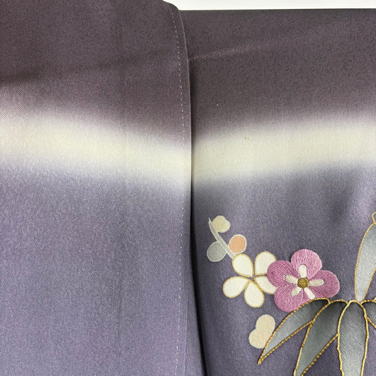 付下 身長158cm 袖長65.5cm M 雙層 帝王紫 落款 松樹竹子梅花 菊花 刺繡 金彩裝飾 灰紫 純蠶絲 逸品級