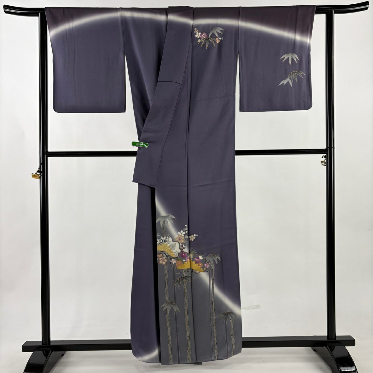 付下 身長158cm 袖長65.5cm M 雙層 帝王紫 落款 松樹竹子梅花 菊花 刺繡 金彩裝飾 灰紫 純蠶絲 逸品級