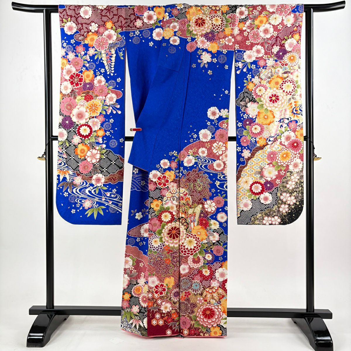 振袖禮服 身長163cm 袖長65cm M 雙層 御所車 草花紋紋 金銀彩 金 純蠶絲 逸品級