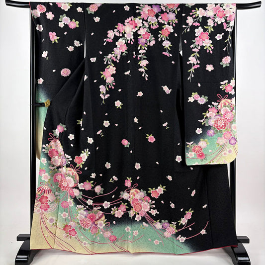 【美品】振袖禮服 身長165cm 袖長66cm M 雙層 くす玉 草花紋紋 金通し 金銀彩 黑 純蠶絲 逸品級