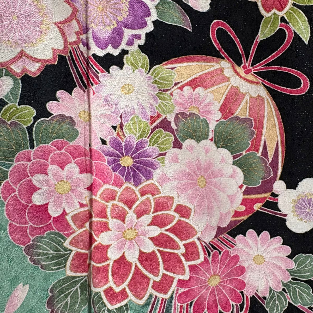 【美品】振袖禮服 身長165cm 袖長66cm M 雙層 くす玉 草花紋紋 金通し 金銀彩 黑 純蠶絲 逸品級