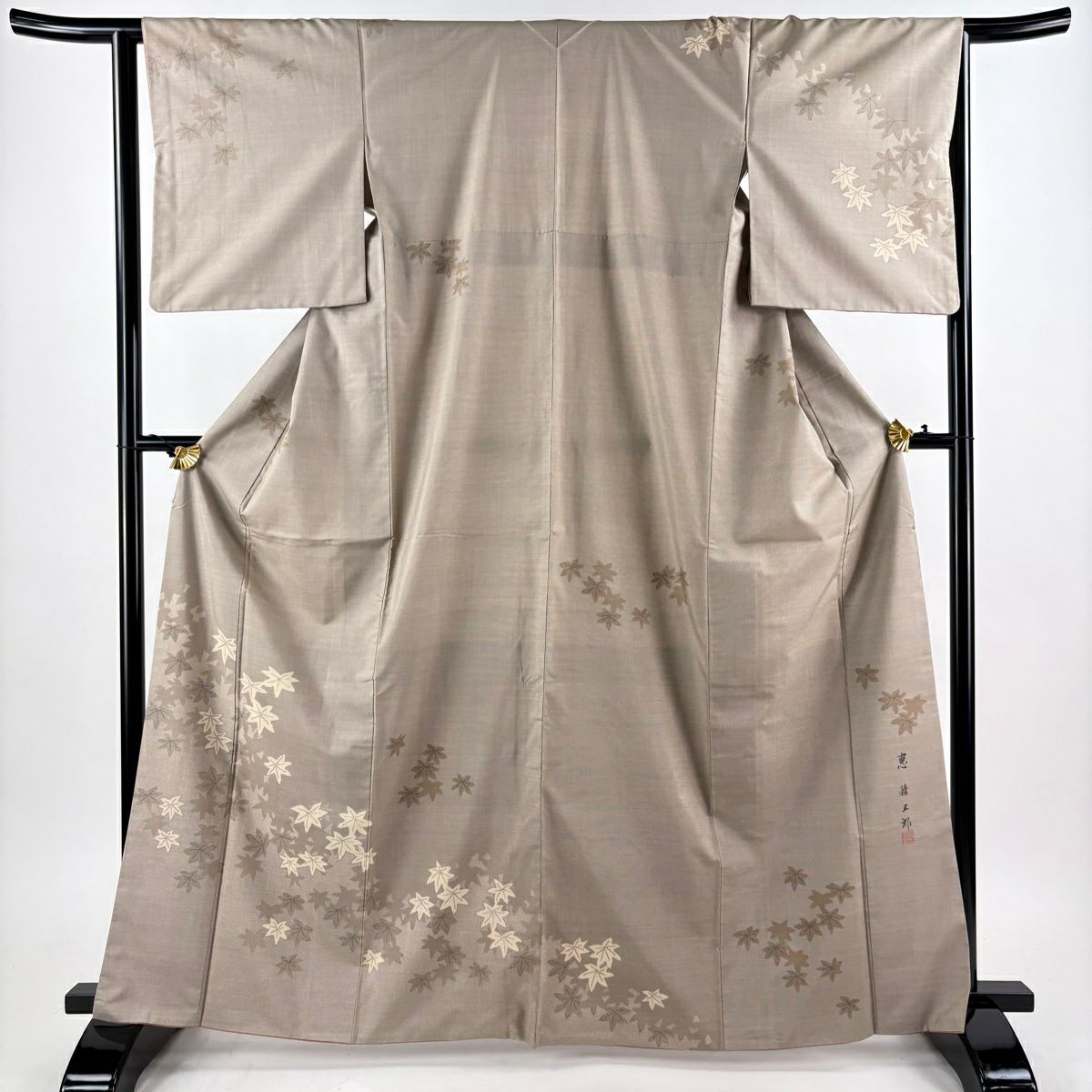 訪問服 身長164.5cm 袖長63.5cm S 雙層 恵積五郎 落款あり 紅葉 輪廓 灰茶 純蠶絲 逸品級