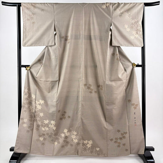 訪問服 身長164.5cm 袖長63.5cm S 雙層 恵積五郎 落款あり 紅葉 輪廓 灰茶 純蠶絲 逸品級