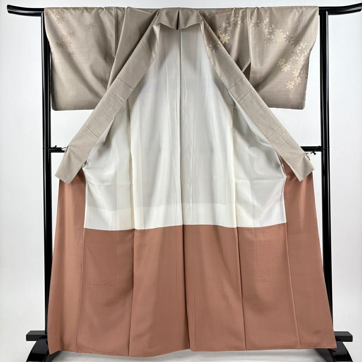 訪問服 身長164.5cm 袖長63.5cm S 雙層 恵積五郎 落款あり 紅葉 輪廓 灰茶 純蠶絲 逸品級
