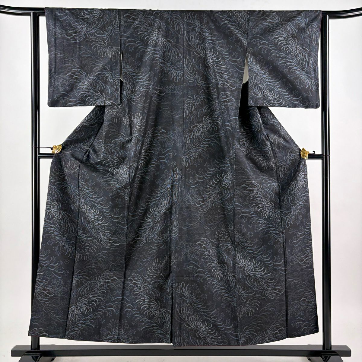 大島紬織 身長154.5cm 袖長62cm S 雙層 都喜ヱ門 證書齊全 亂菊花 草花紋紋 泥染 濃藍 純蠶絲 逸品級
