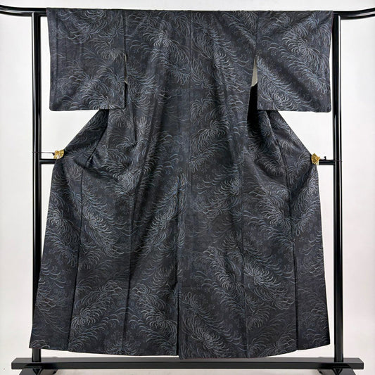 大島紬織 身長154.5cm 袖長62cm S 雙層 都喜ヱ門 證書齊全 亂菊花 草花紋紋 泥染 濃藍 純蠶絲 逸品級
