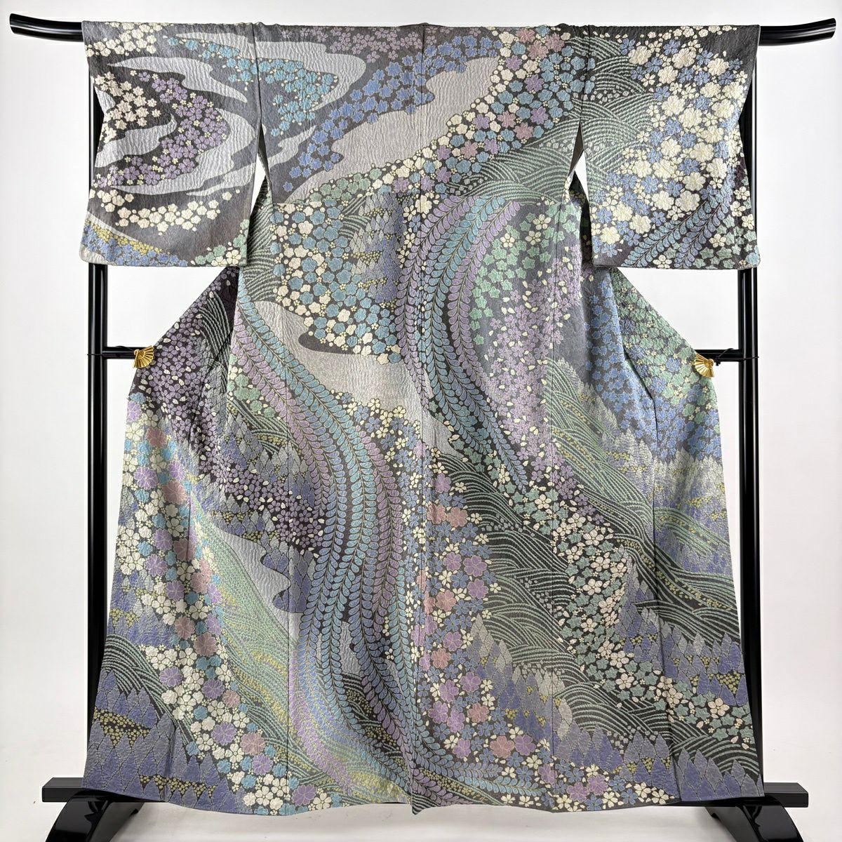 訪問服 身長160cm 袖長68cm L 雙層 草花紋紋 波 金通し 絞染 灰紫 純蠶絲 逸品級