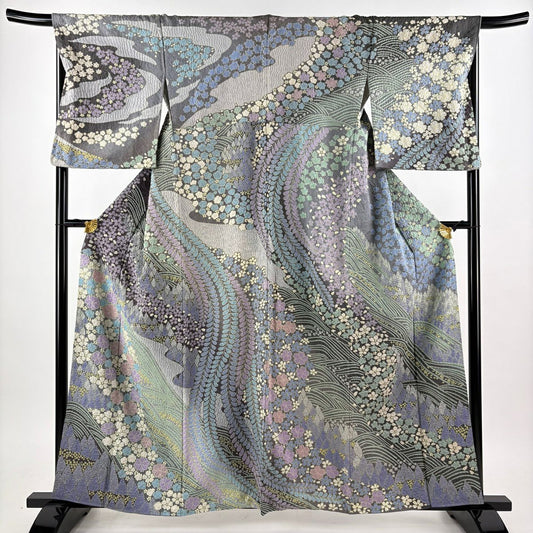 訪問服 身長160cm 袖長68cm L 雙層 草花紋紋 波 金通し 絞染 灰紫 純蠶絲 逸品級