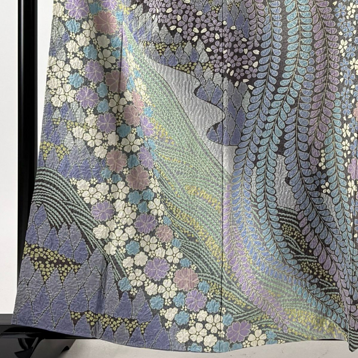 訪問服 身長160cm 袖長68cm L 雙層 草花紋紋 波 金通し 絞染 灰紫 純蠶絲 逸品級