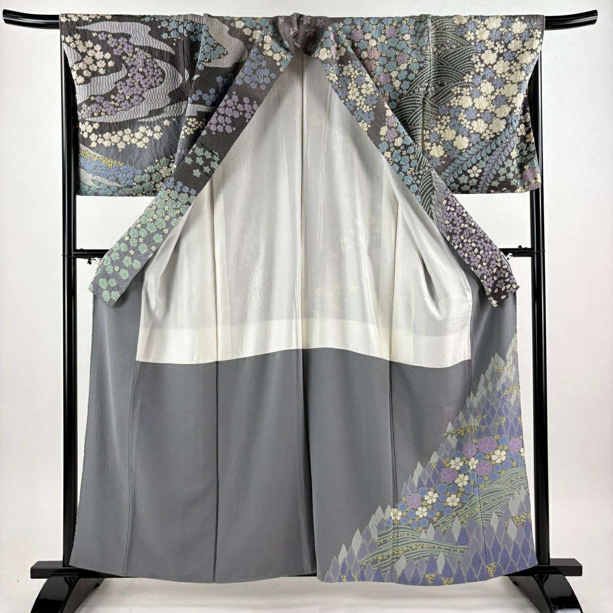 訪問服 身長160cm 袖長68cm L 雙層 草花紋紋 波 金通し 絞染 灰紫 純蠶絲 逸品級