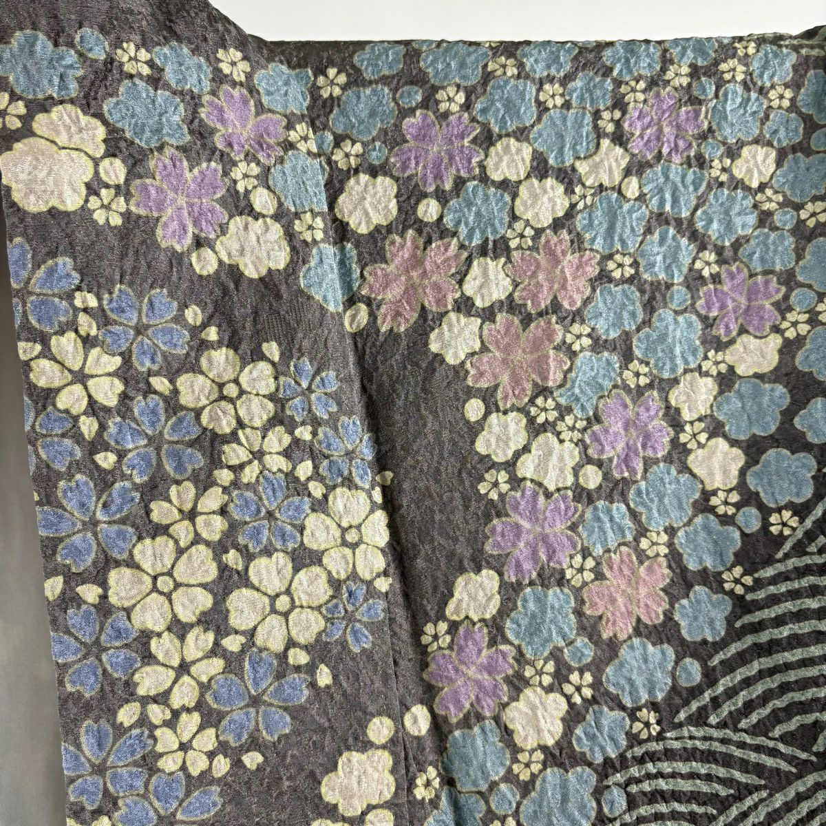 訪問服 身長160cm 袖長68cm L 雙層 草花紋紋 波 金通し 絞染 灰紫 純蠶絲 逸品級