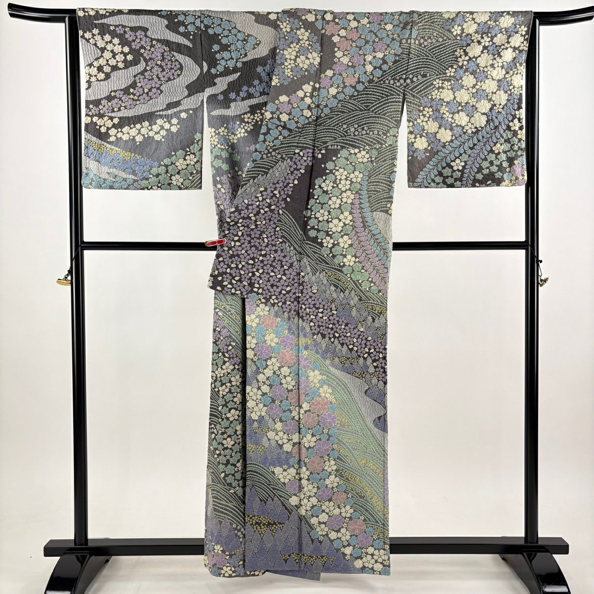 訪問服 身長160cm 袖長68cm L 雙層 草花紋紋 波 金通し 絞染 灰紫 純蠶絲 逸品級