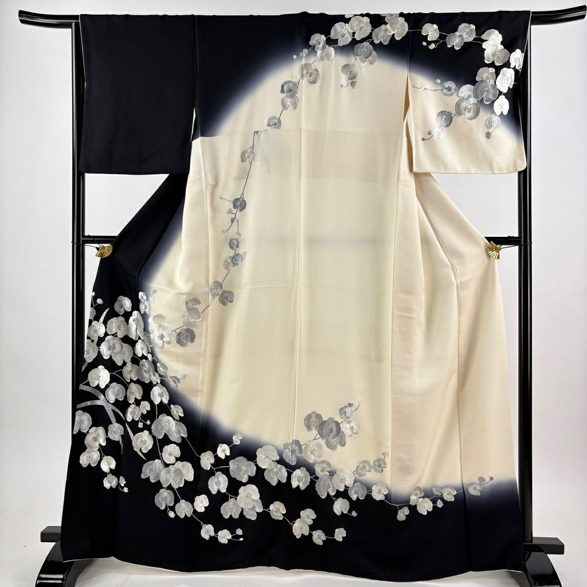 訪問服 身長164.5cm 袖長66cm M 雙層 胡蝶蘭 刺繡 金糸 黑 純蠶絲 逸品級