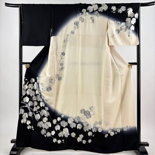 訪問服 身長164.5cm 袖長66cm M 雙層 胡蝶蘭 刺繡 金糸 黑 純蠶絲 逸品級