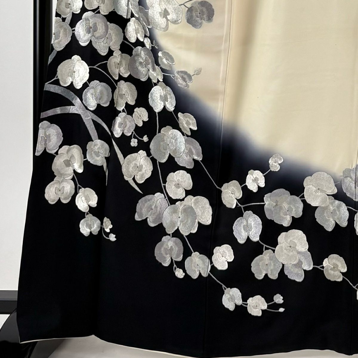 訪問服 身長164.5cm 袖長66cm M 雙層 胡蝶蘭 刺繡 金糸 黑 純蠶絲 逸品級
