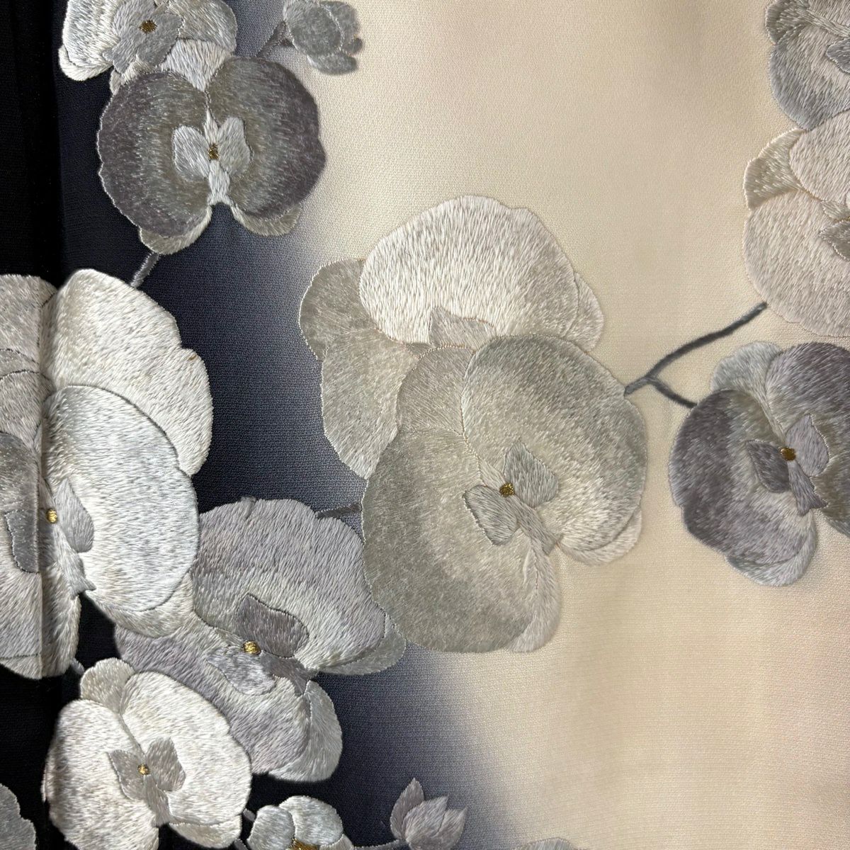 訪問服 身長164.5cm 袖長66cm M 雙層 胡蝶蘭 刺繡 金糸 黑 純蠶絲 逸品級