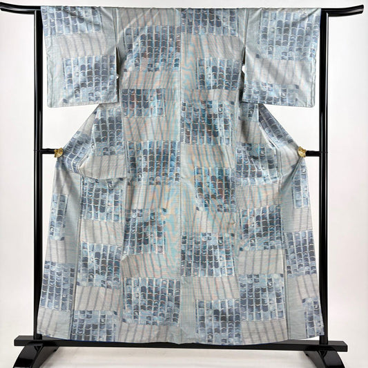 【美品】 大島織 身長158cm 袖長63cm S 雙層 都喜ヱ門 證書附帶 瓦 變市松樹 青灰色 純蠶絲 逸品級