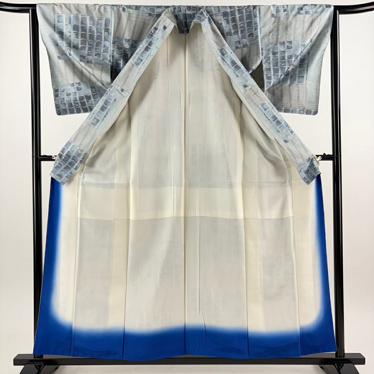 【美品】 大島織 身長158cm 袖長63cm S 雙層 都喜ヱ門 證書附帶 瓦 變市松樹 青灰色 純蠶絲 逸品級