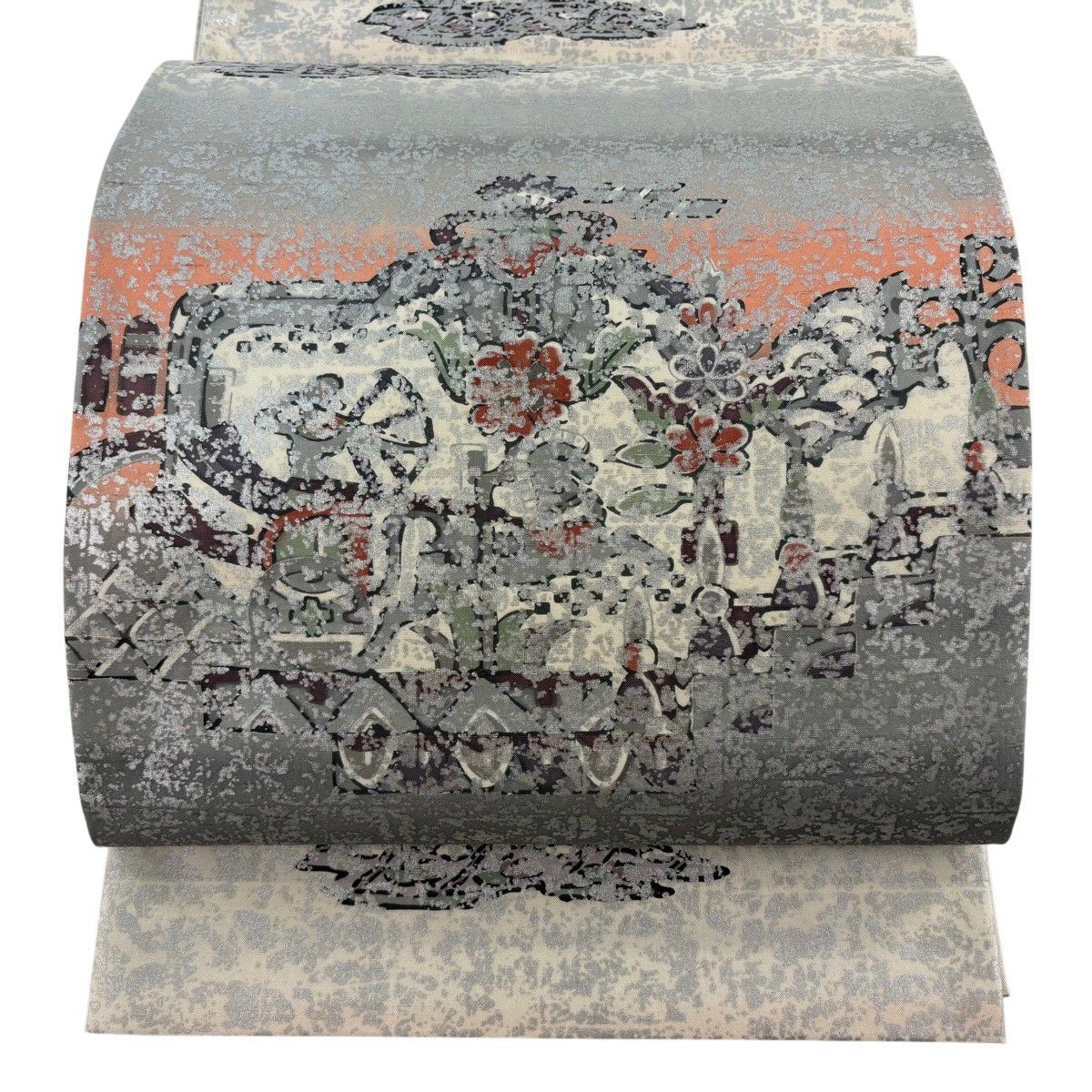 【美品】 袋帶 逸品級 落款 牛首紬織織 草花紋紋 霞 金銀彩 灰白 お太鼓柄 純蠶絲