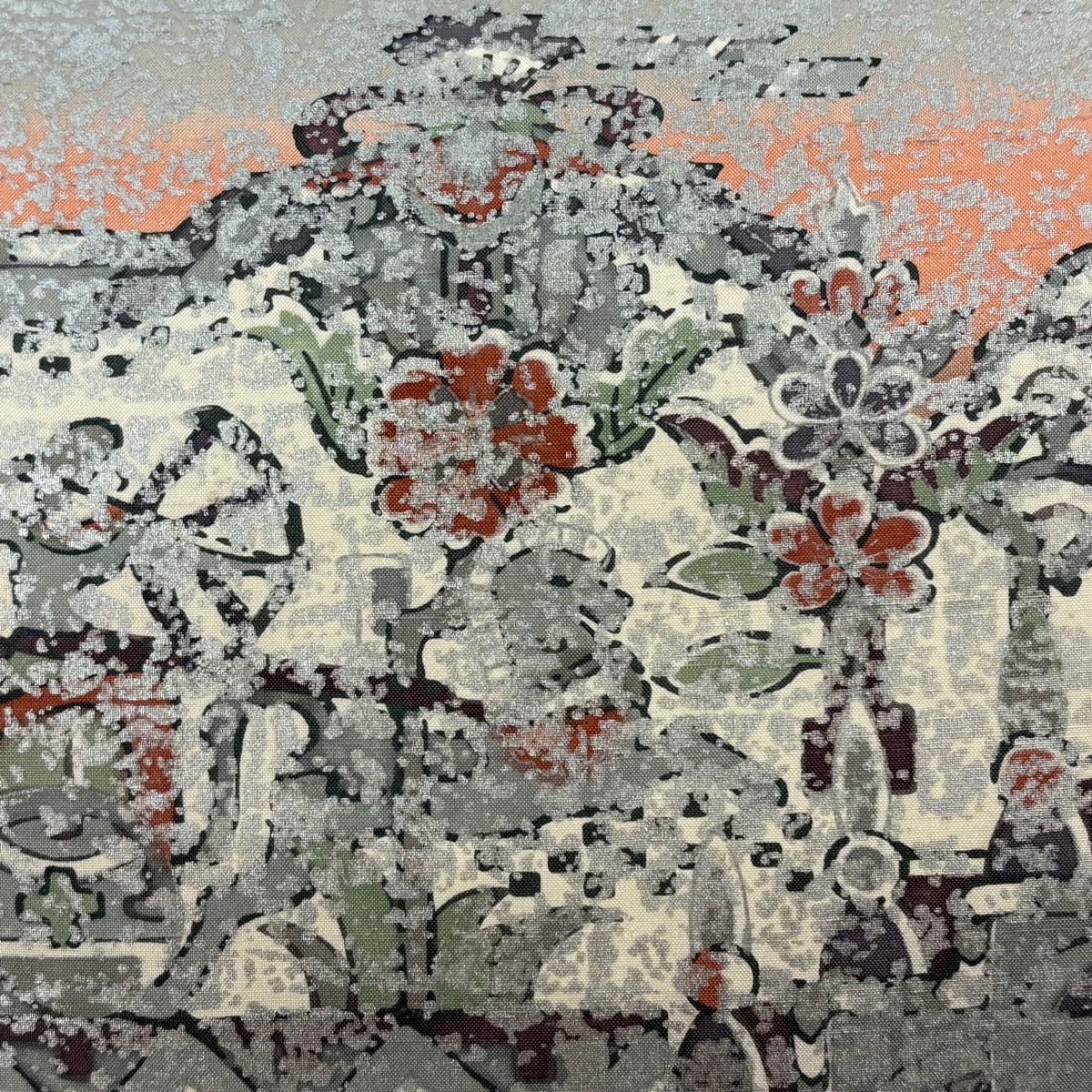 【美品】 袋帶 逸品級 落款 牛首紬織織 草花紋紋 霞 金銀彩 灰白 お太鼓柄 純蠶絲